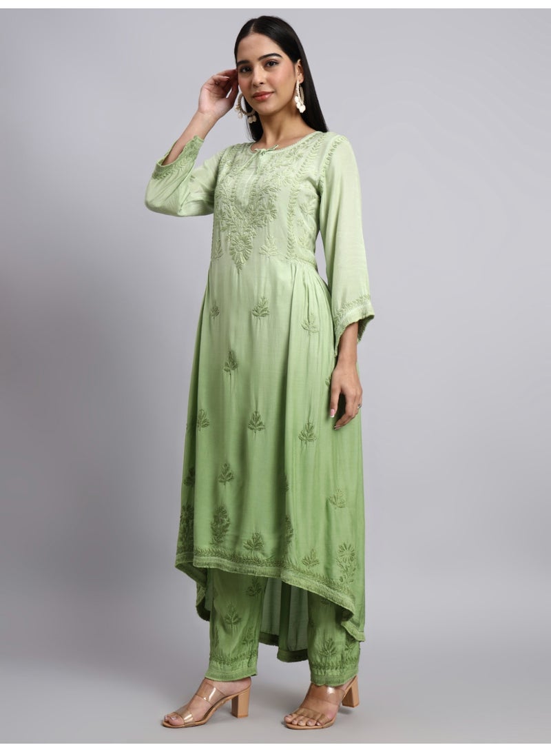 الايا طقم كورتا موسلين مطرز يدويًا بتدرج لوني شيكانكاري - Image 5